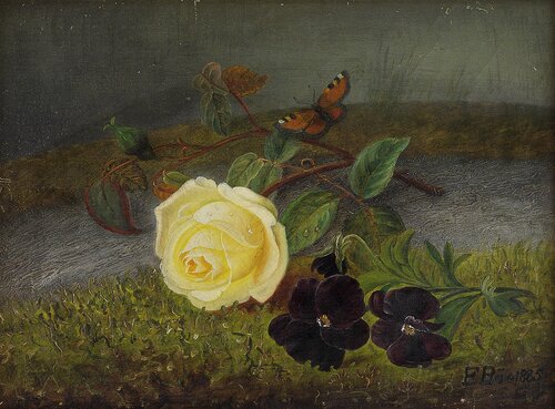 Oppstilling med rose og fioler 1885