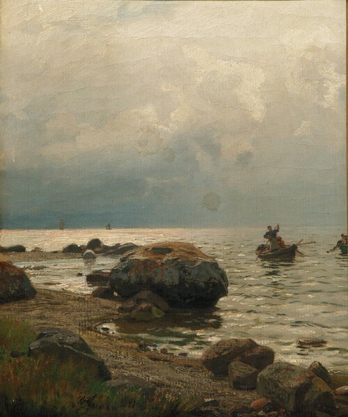 Fiskere ved stenet kyst 1866