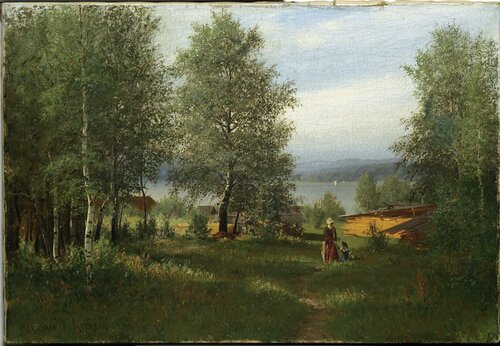 Kvinne og barn i bjerkeskog ved sjø 1884