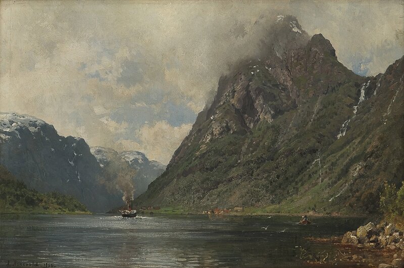 Fjordlandskap med dampbåt og folkeliv 1886