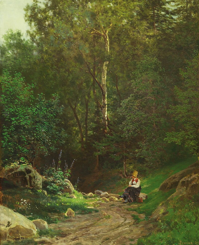 Sittende kvinne ved skogssti 1874
