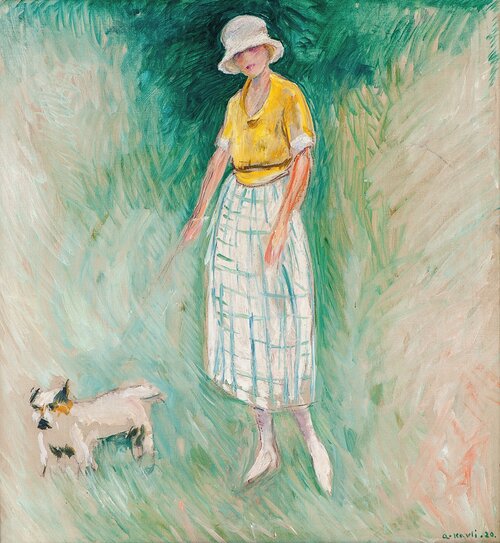 Woman with a lapdog on a leash