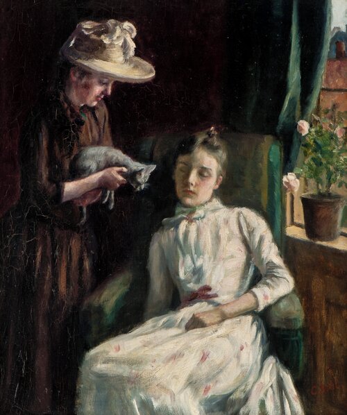 Two women and a cat in interior