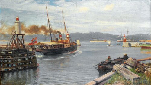Fjordabåt stevner ut Trondheim havn 1893