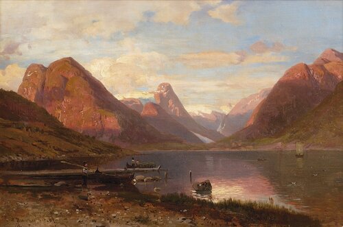 Fjordlandskap med folkeliv 1867