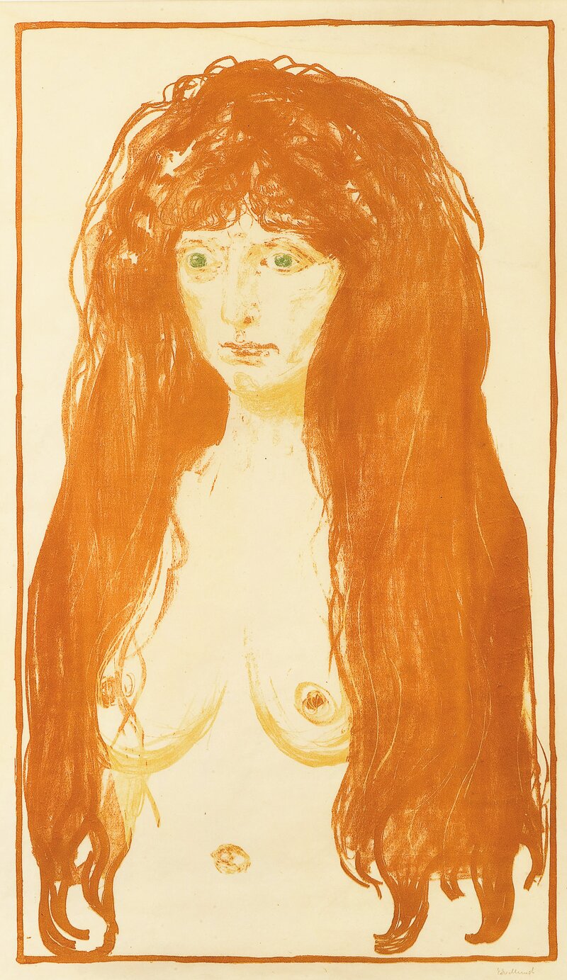 Kvinne med rødt hår og grønne øyne. Synden