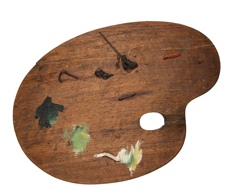 Palett, staffeli, brev og konvolutt, Fire objekter fra Edvard Munchs eie