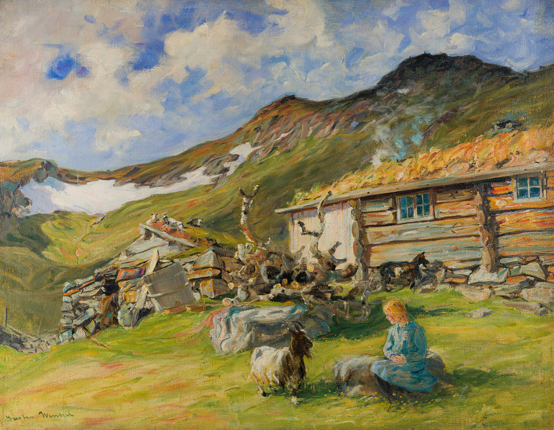 Girl and goats by a Mountain Farm