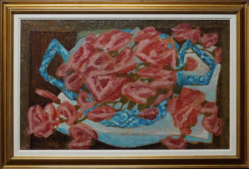 Riis, Bendik (1911-1988), Roser på blå skål, ca. 1950