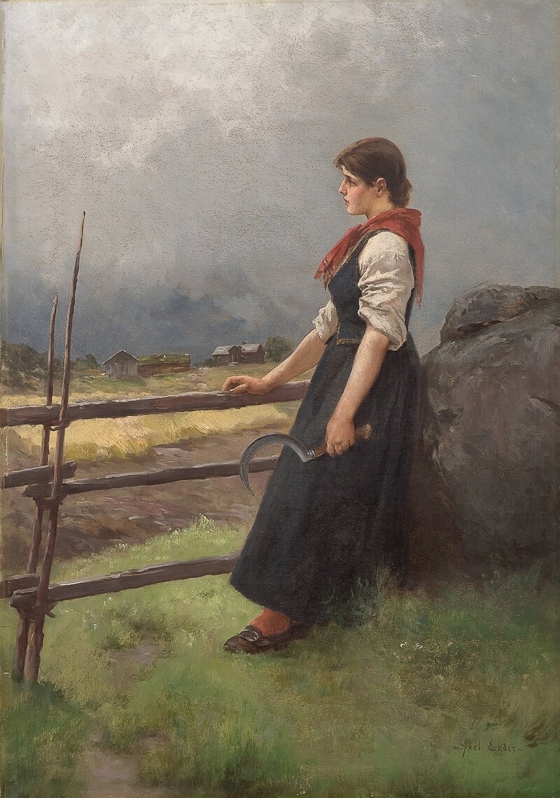 Girl with a sickle by a rail fence