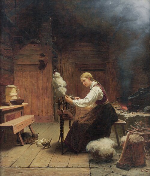 Interiør, kvinne ved rokk 1868