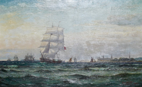 Skari, Edvard (1839-1903), Fartøyer utenfor Kronborg Slott, Helsingør 1902
