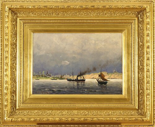 Hjulbåt og seilbåter i havn 1876