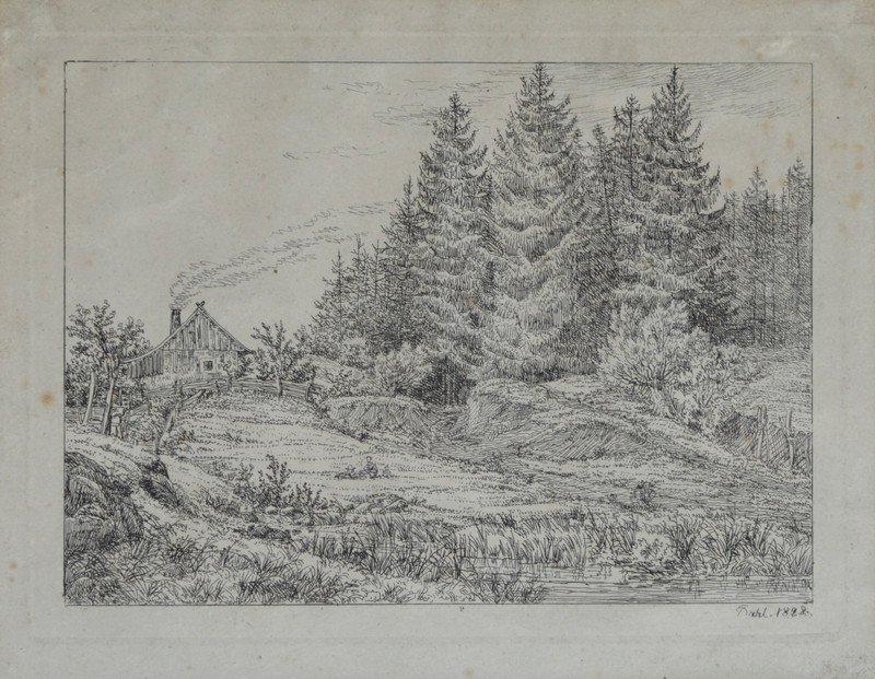 Dahl, Johan Christian (1788-1857), Furuskog med hytte 1828