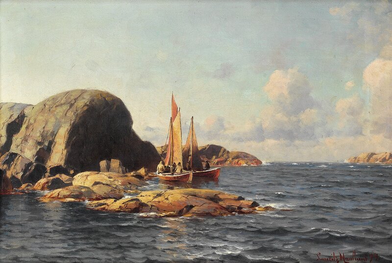 Seilbåter med fiskere i kystlandskap 1894