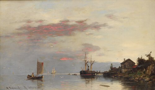 Fjordlandskap med båter og folkeliv 1881