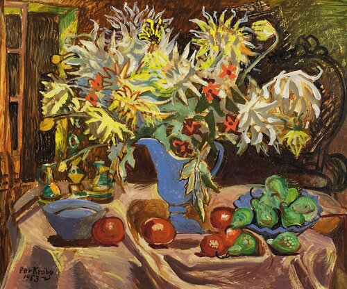 Oppstilling med blomster og frukt 1953