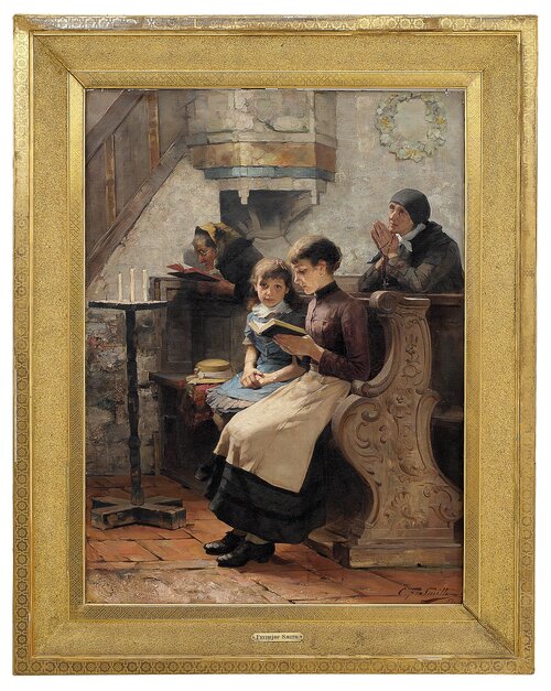 Kirkeinteriør med kvinner og barn 1887