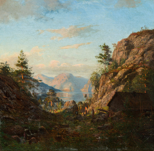 Fjordlandskap med folkeliv 1862
