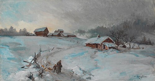 Woman and child with sledge in winter landscape