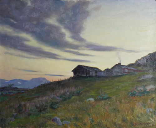 Stenersen, Gudmund (1863-1934), Fjelllandskap med hytte 1917