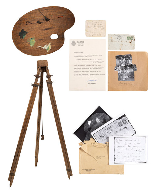 Palett, staffeli, brev og konvolutt, Fire objekter fra Edvard Munchs eie