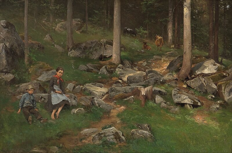 Part of a wood with girl, boy and cows