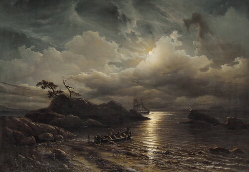 Norsk strandparti i måneskinn 1851