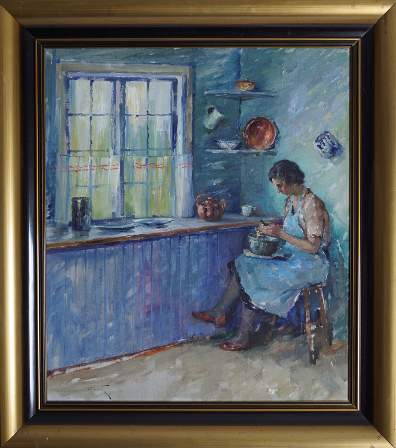 Frang, Thomas (1889-1968), Sitting Woman in a Kitchen, Peeling Potatoes*