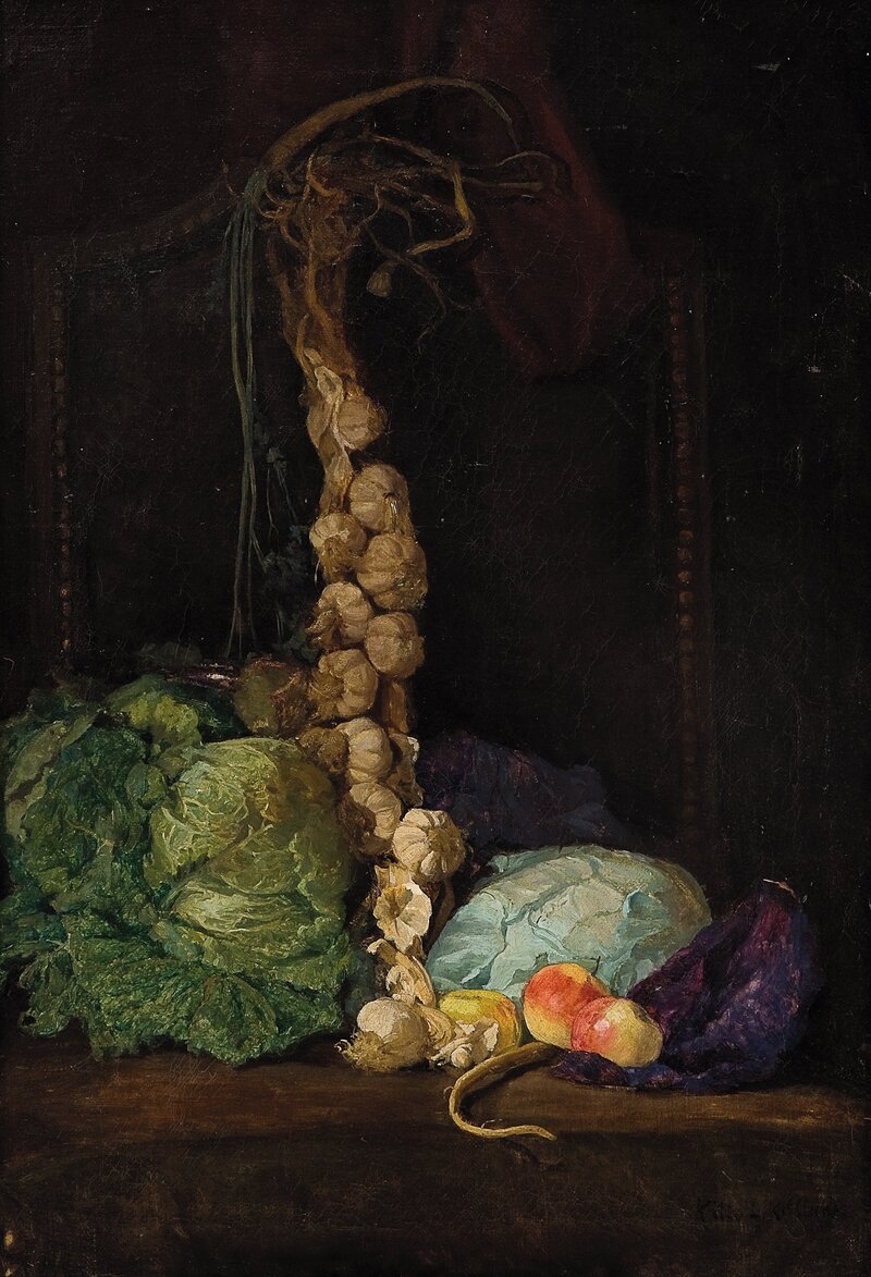 Still life with cabbage, garlic and apples
