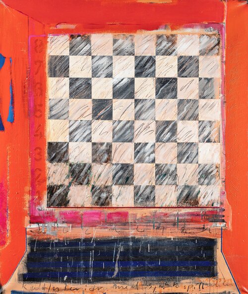 Nupen, Kjell, Rødt interiør med sjakkspill, 1980