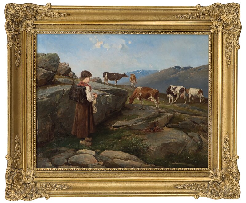 Knitting milkmaid with cows on summer pasture