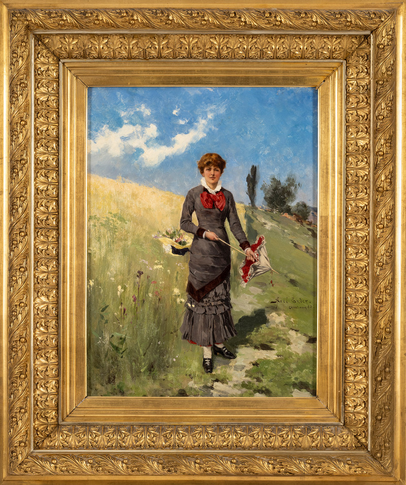 Ender, Axel (1853-1920), Ung kvinne i blomstereng 1882