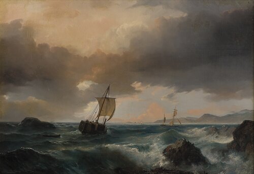 Kystlandskap med seilskuter og sjøfugler 1853