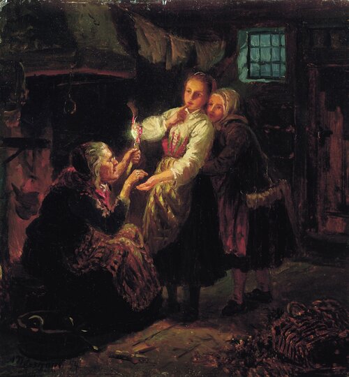 En spåkvinne spår to unge piker 1854