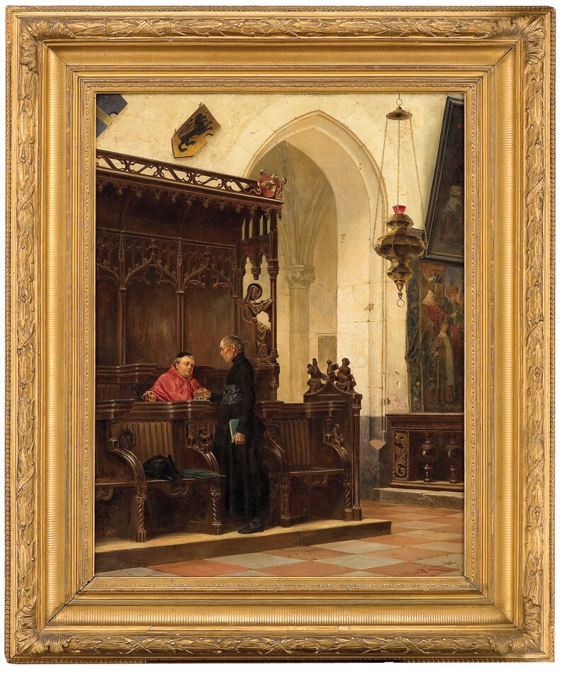 Church interior with priest and monk